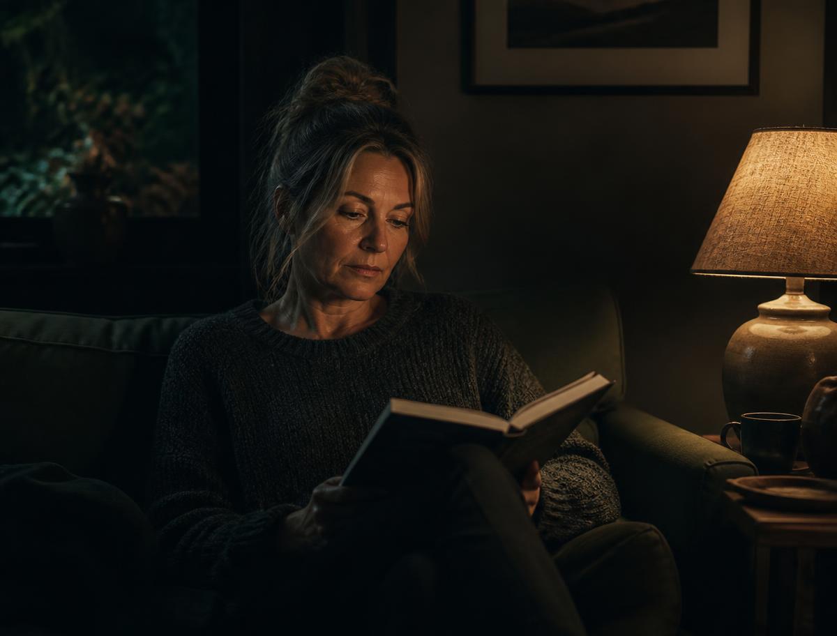 Femme d'une cinquantaine d'années lisant calmement le soir sous une lampe chaude